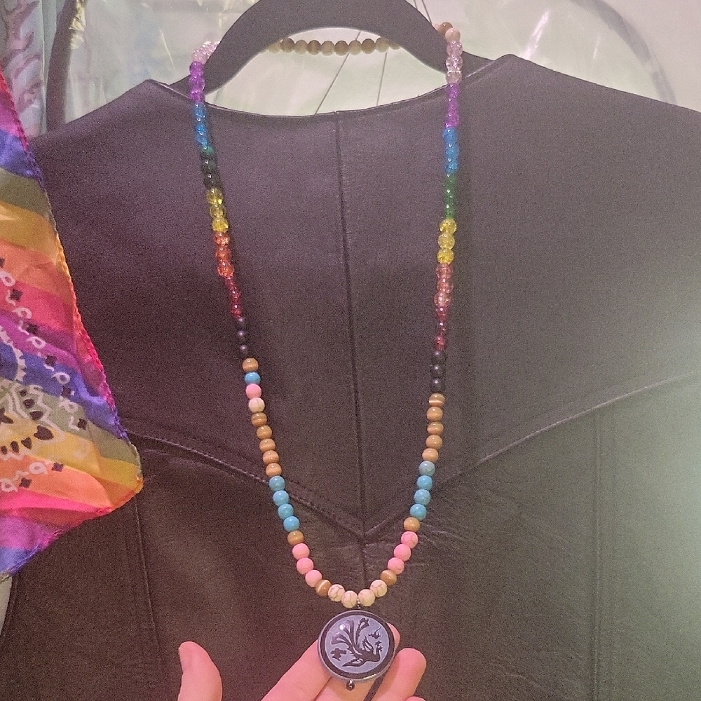 Handmade Rainbow Beaded Stone Pendant Necklace; Tiger Or Cats Eye, Dyed Stone